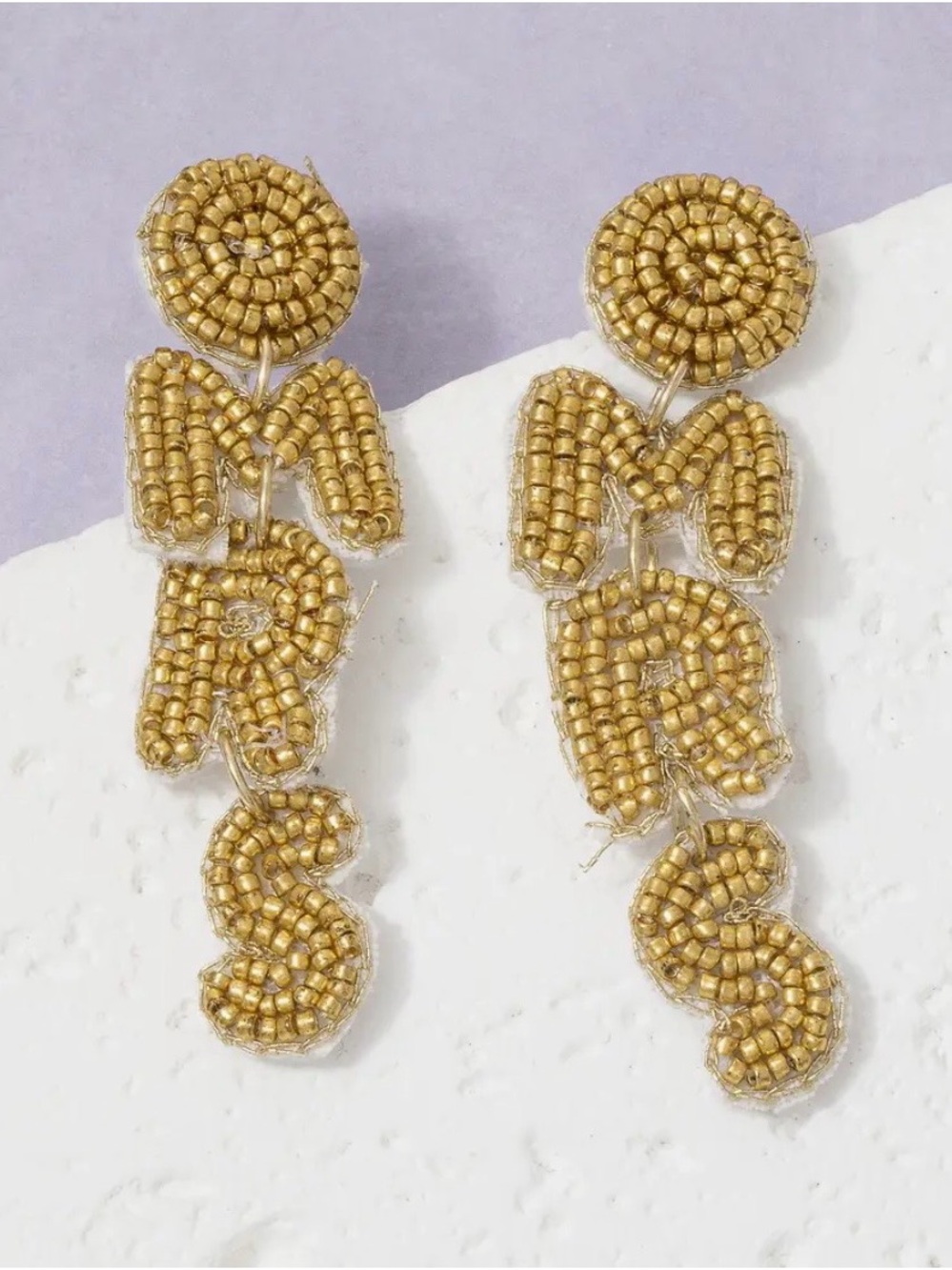 Hand-Beaded Gold 'MRS' Drop Earrings - Picture 2 of 3